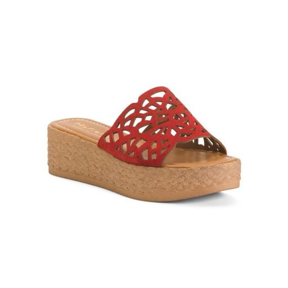 NEW Mariella Laser-Cut Platform Wedge Sandals Red Size 8